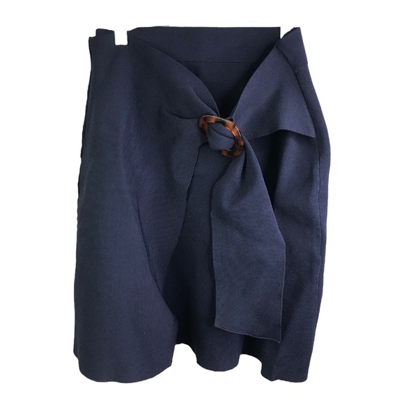 Sandro Paris Women's Skirt A-Line Navy Blue Knit Tortoise Belted Marine Sz L - Picture 1 of 9